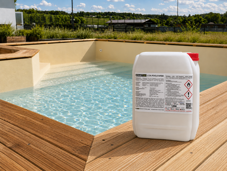 Weißer Kanister mit Schuettec LCK-Poolfarbe auf einer Holzterrasse neben einem hellen Schwimmbecken mit klarem Wasser.