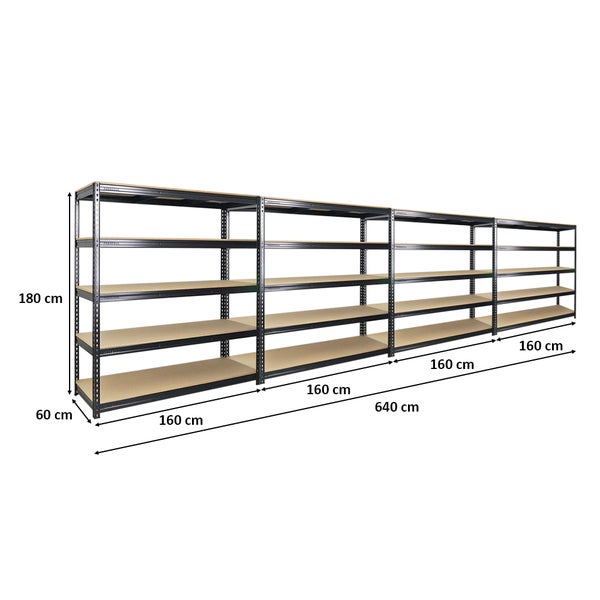PROREGAL Mega Deal 4x Profi Schwerlastregal Bison HxBxT 200 x 180 x 60 cm 5 Fachböden Fachlast 600 kg Schwarz