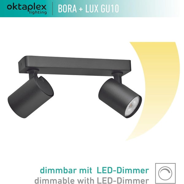 Bora Deckenstrahler dimmbar GU10 Leuchtmittel 400lm 2700K warmweiß 5W 230V 2-flammig schwarz flexibles Lichtdesign
