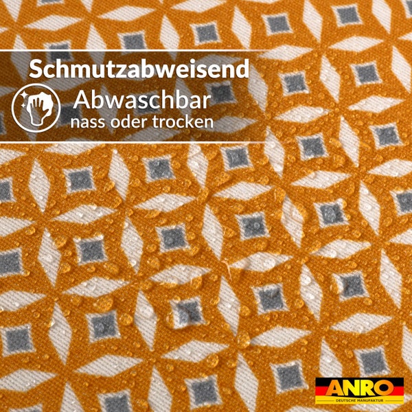 Schmutzabweisender Stoff mit Muster und Wassertropfen, abwaschbar nass oder trocken. Symbol für leichte Reinigung. ANRO Logo.