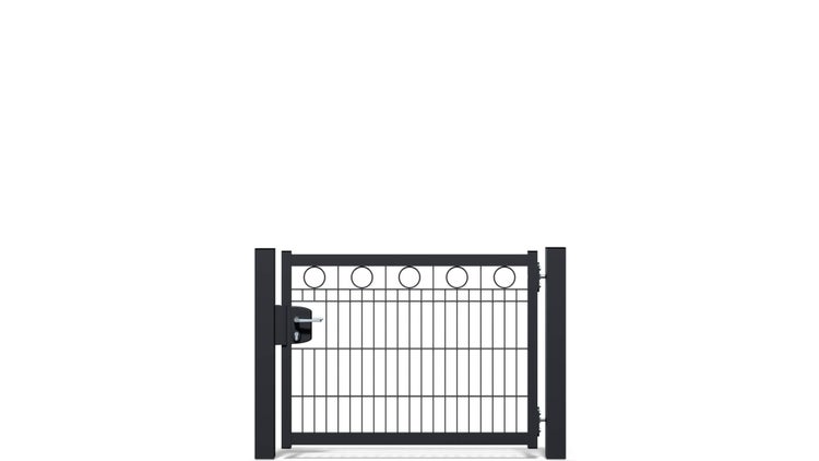 Zauntür ZAUNGURU BASIC-Linie Berlin Kreis aus Metall, Höhe: 83cm, Breite: 123cm, 1-flügelig inkl. Pfosten, Schloss und Zubehör, Feuerverzinkt und zusätzlich in RAL 7016 Anthrazitgrau pulverbeschichtet