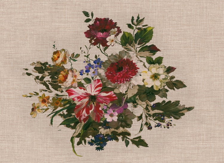 Vliestapete mit Blumenstrauß-Motiv im Stil einer Ölmalerei auf texturiertem Hintergrund.