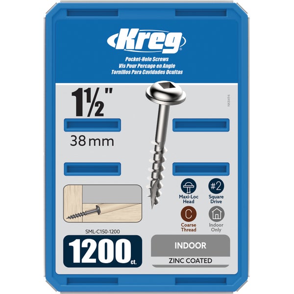 Kreg Taschenlochschrauben, 38 Millimeter, Grobgewinde, Maxi-Loc-Kopf, Vierkantantrieb, verzinkt, für den Innenbereich, 1200 Stück.