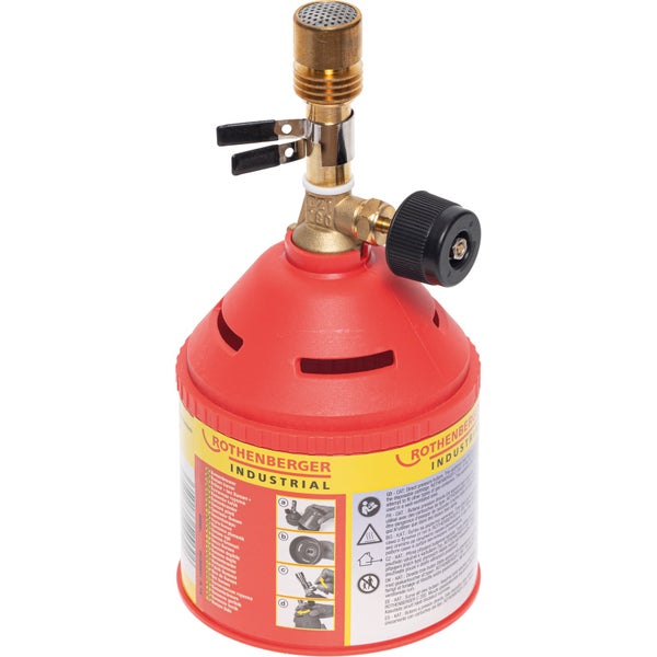 Rothenberger Industrial Bunsenbrenner mit Messing-Brennerkopf, Piezozündung und roter Gaskartusche.