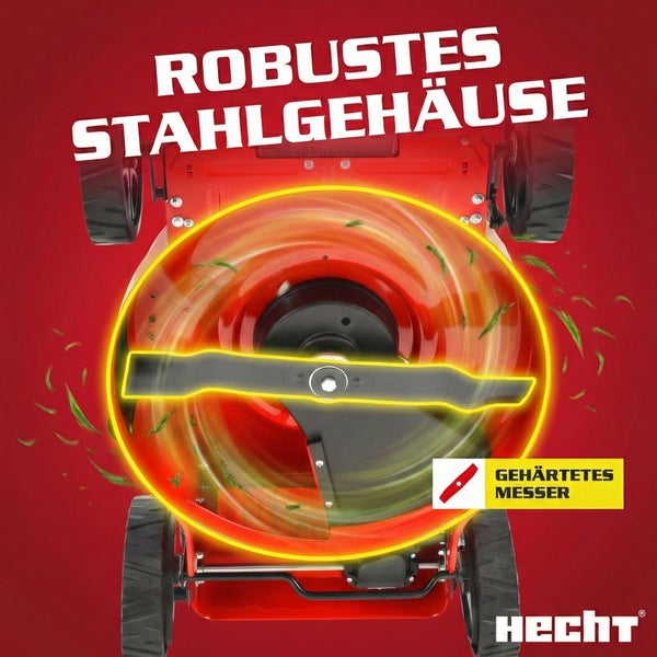 Hecht Rasenmäher in der Unteransicht mit robustem Stahlgehäuse und gehärtetem Messer.