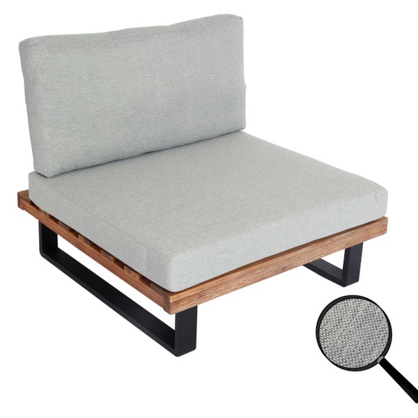 Modernes Garten-Lounge-Mittelteil aus Holz und Metall mit grauen Polstern und Detailansicht der Stoffstruktur.