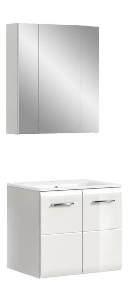 Badezimmermöbel-Set bestehend aus dreitürigem Spiegelschrank und Waschbeckenunterschrank mit zwei Türen inklusive Keramikwaschbecken in Weiß.