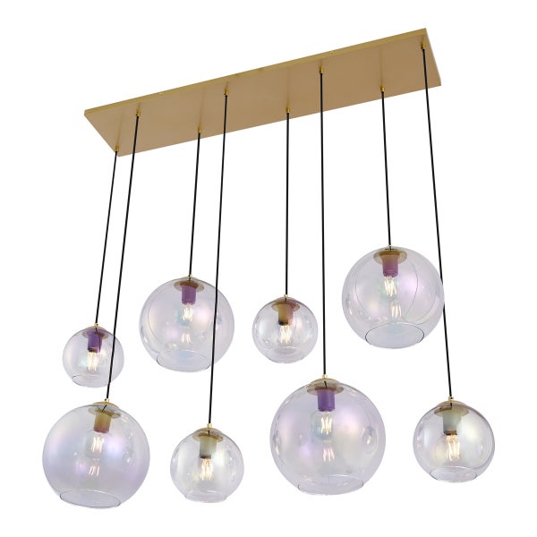 Hängeleuchte mit mehreren kugelförmigen Glasschirmen an einer rechteckigen Aufhängung