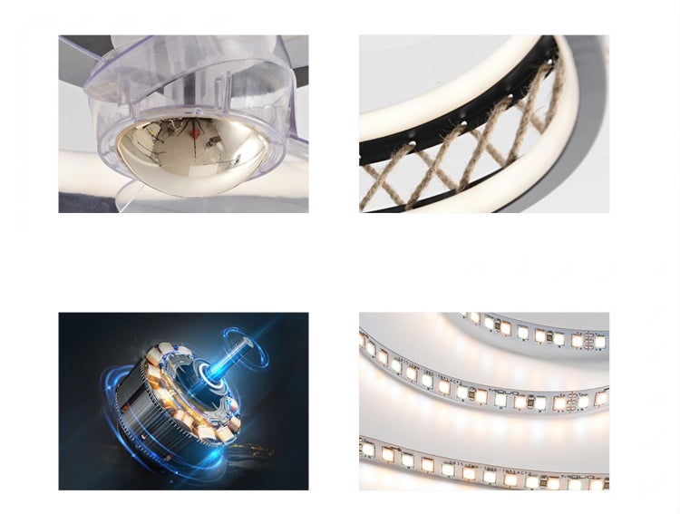 Detailansichten eines Deckenventilators: Leuchte, Seil-Design, Motor und LED-Streifen