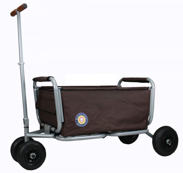 Faltbarer Bollerwagen BeachTrekker mit stabilem Metallrahmen und Textilbespannung für den Transport von Ausrüstung.