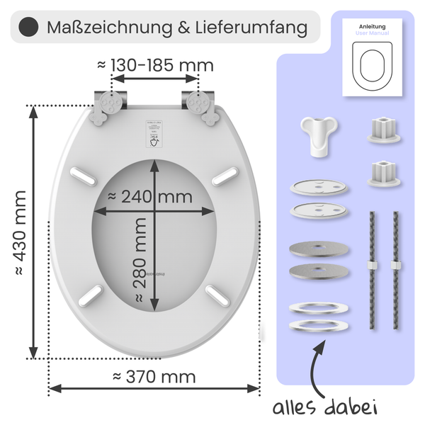 Maßzeichnung und Lieferumfang eines WC-Sitzes mit den Maßen: circa 430 mm Höhe, circa 130 bis 185 mm Breite, circa 240 mm Innenbreite, circa 280 mm Innentiefe und circa 370 mm Gesamttiefe, inklusive Montageanleitung und Zubehör.