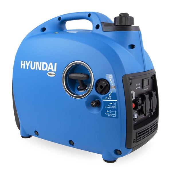 Tragbarer Hyundai Inverter Stromerzeuger HY2300Si D in Blau mit Tragegriff, Seilzugstarter und Bedienfeld mit Steckdosen.