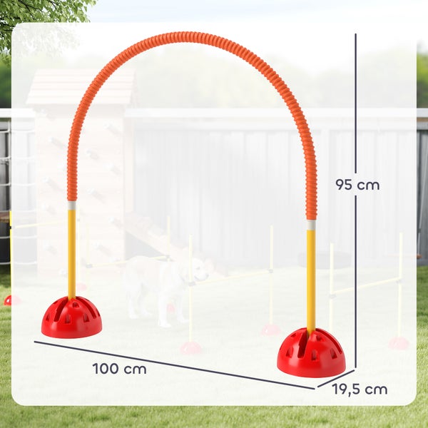 Agility-Reifen für Hunde mit Maßen von 100 Zentimeter Breite, 95 Zentimeter Höhe und einem Standfuß-Durchmesser von 19,5 Zentimeter.