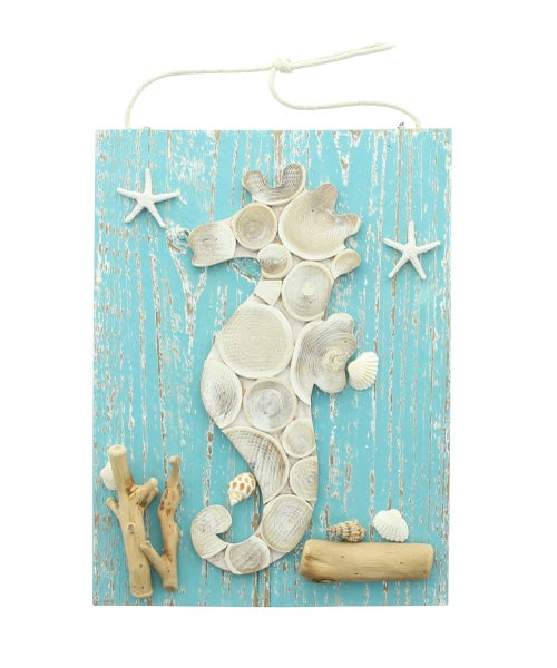 FRANK FLECHTWAREN | Holzbild Seepferdchen, HOLZ, MUSCHELN, 28 x 5 x 38 cm
