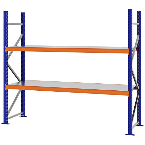 Schwerlastregal mit zwei Ebenen, blauen Ständern, orangen Traversen und Stahlböden.