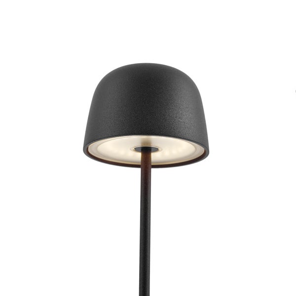 Schwarze Wegeleuchte mit strukturiertem kuppelförmigem Schirm und LED Beleuchtung.