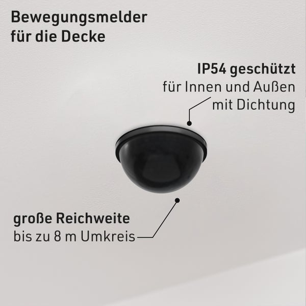Deckenbewegungsmelder mit einer Reichweite von bis zu 8 Metern, geschützt durch IP54 für den Innen- und Außenbereich mit Dichtung.