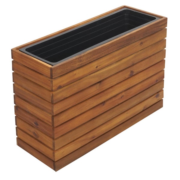 Rechteckiger Pflanzkasten aus Holz mit horizontalen Lamellen und schwarzem Kunststoffeinsatz.