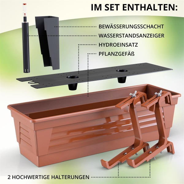 Plastard Blumenkasten 80 x 21 x 17 cm Terrakotta mit Hydroeinsatz, Wasserstandsanzeiger und passender Halterung