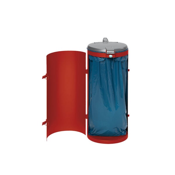 Roter Müllsackständer aus Metall mit grauem Deckel und geöffneter Tür, inklusive blauem Müllsack.