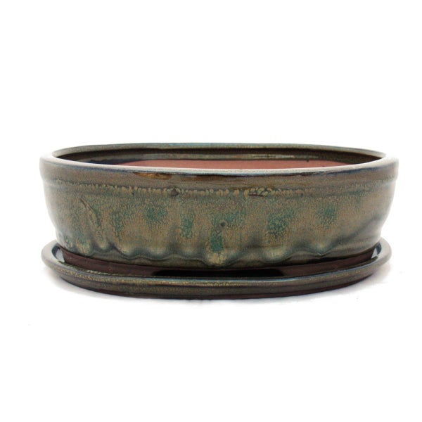 Bonsai-Schale mit Unterteller Gr. 4 - Oliv-Braun - oval - Modell O7 - L 26cm - B 21cm - H 7,5cm