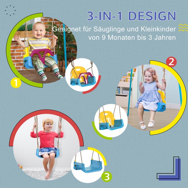 Outsunny Babyschaukel, Kleinkindschaukel für Indoor, 42cm x 33cm x 180cm, Kunststoff, Blau+Gelb+Lila