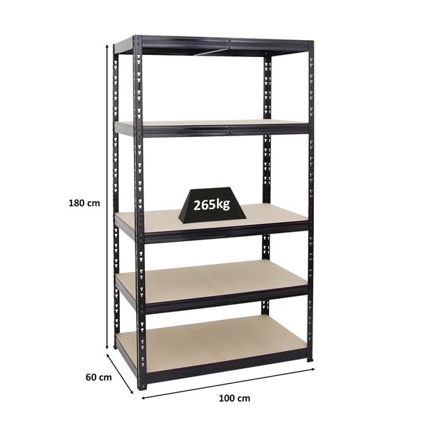 PROREGAL Schwerlastregal Tiger HxBxT 180 x 100 x 60 cm Fachlast 265 kg 5-Ebenen Schwarz