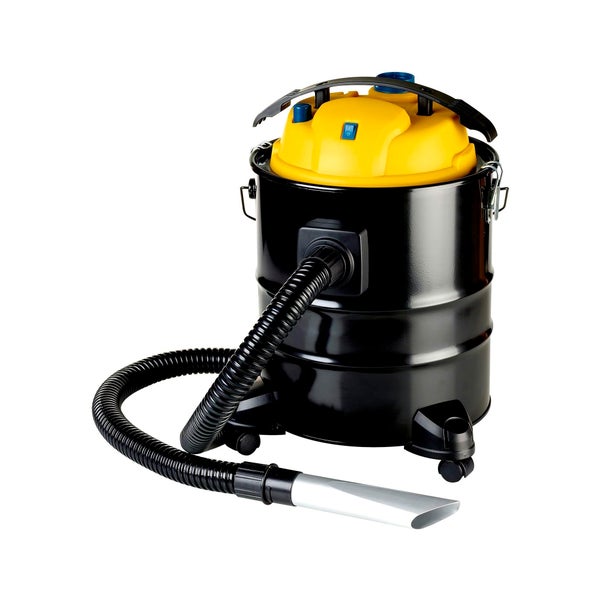 Aschesauger oder Mehrzwecksauger mit schwarzem Metallbehälter, gelbem Gehäuse, flexiblem Saugschlauch und silberner Düse.