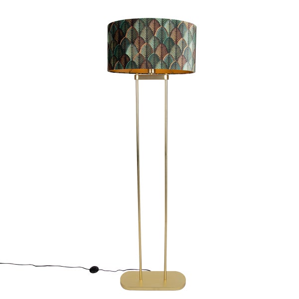Moderne Stehlampe mit metallischem Gestell und Lampenschirm mit Blattmuster