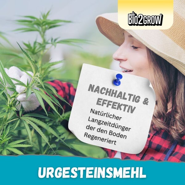 Frau im Garten mit Bio2Grow Urgesteinsmehl zur Bodenverbesserung