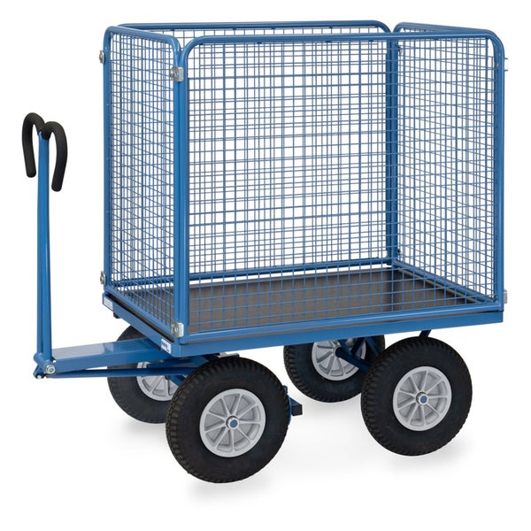 Industrie-Handwagen mit vier Gitterwänden, Luftbereifung und Deichsel, blau
