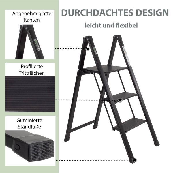 Dreistufige Leiter mit geriffelten Stufen und gummierten Füßen