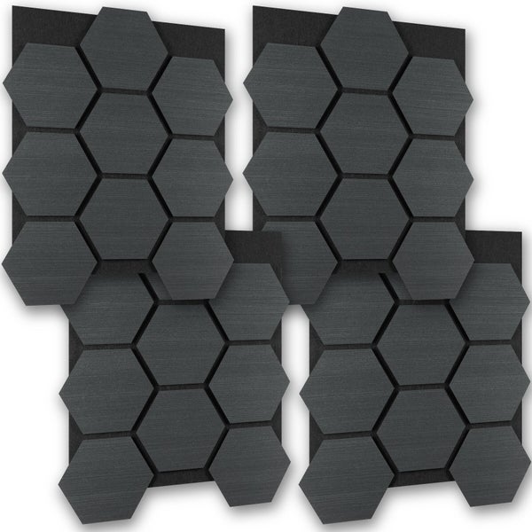 Vierer-Set dunkelgraue Akustikpaneele in Wabenform zur Schalldämmung an der Wand.