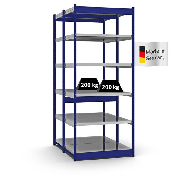 PROREGAL Fachbodenregal Stecksystem Vierkant-Profil Grundregal HxBxT 250 x 102,5 x 60 cm 2x6 Ebenen Doppelseitige Bauart Fachlast 200 kg Enzianblau