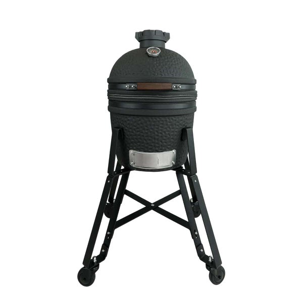 Keramikgrill Kamado auf einem stabilen Metallgestell mit vier Rollen inklusive Deckelthermometer und Holzgriff.