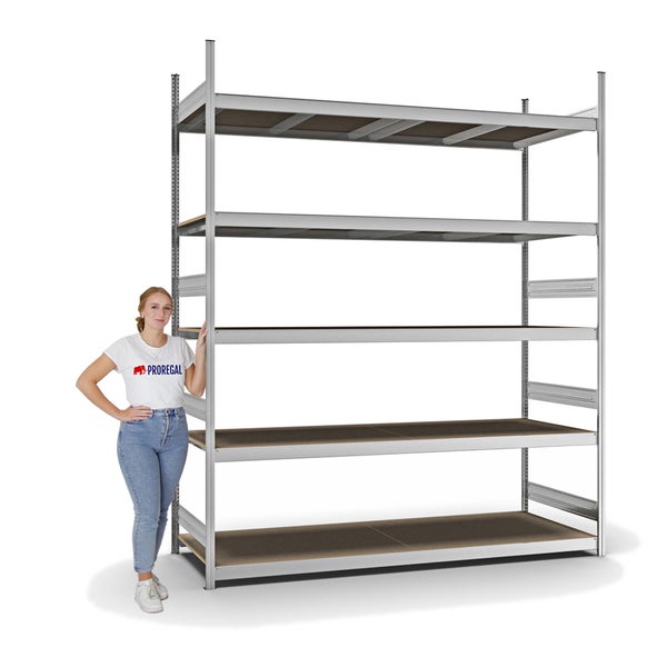 PROREGAL Weitspannregal Stecksystem T-Profil Grundregal HxBxT 300x250x80 cm 5 Ebenen Spanplatten Fachboden Fachlast 350 kg Verzinkt