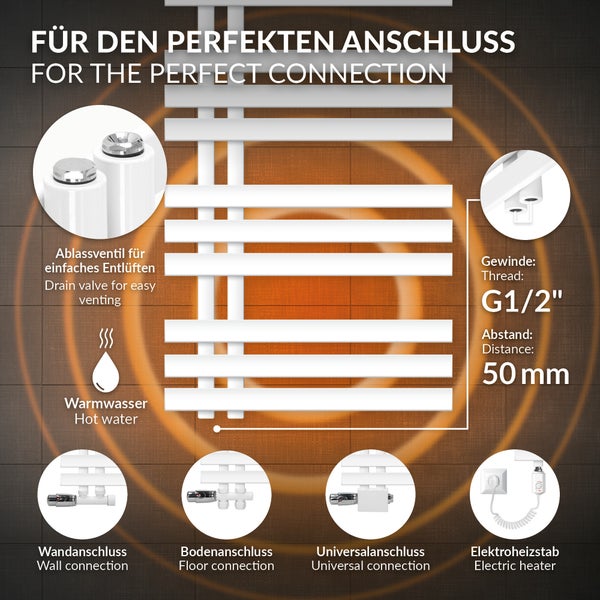 LuxeBath Elektrischer Badheizkörper IronEM 500x1400 mm Weiß + Heizstab 1200W mit Thermostat Touchbedienung, Handtuchheizkörper mit Heizpatrone, Elektro Handtuchwärmer Paneelheizkörper Designheizkörper