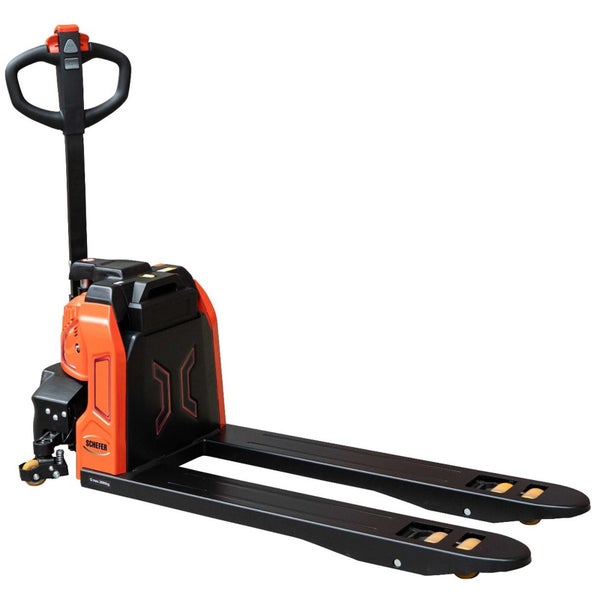 Elektro-Hubwagen Schefer in Orange und Schwarz mit ergonomischem Deichselgriff und stabilen Gabelzinken.