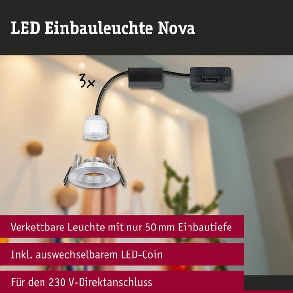 LED-Einbauleuchte Nova 3er-Set, verkettbar mit 50 Millimeter Einbautiefe, inklusive auswechselbarem LED-Coin für 230 Volt Direktanschluss.
