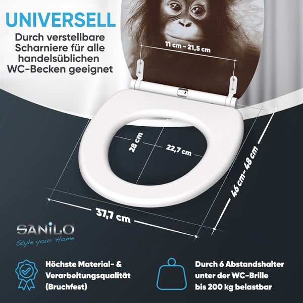 Sanilo WC-Sitz mit Orang-Utan-Motiv, verstellbaren Scharnieren und 6 Abstandshaltern, bis 200 Kilogramm belastbar, inklusive Maßangaben.