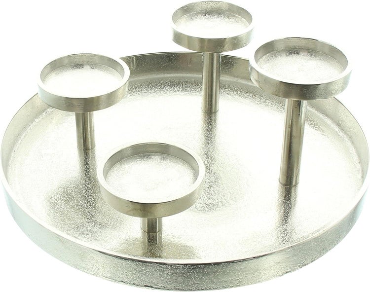 Dekoleidenschaft Kerzenhalter Tablett aus Aluminium in Antik Optik, silber, Adventskranz Ø 32 cm, Kerzentablett für 4 Kerzen
