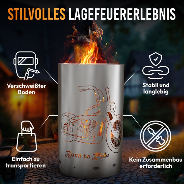 Feuerstelle aus Stahl mit Motorrad Design und Flammen