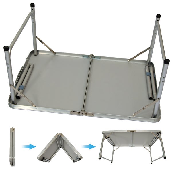 AMANKA klappbarer höhenverstellbarer Campingtisch 90x60x70 cm inkl. 2 Falthocker Campingtischset Kofferformat Hell Grau