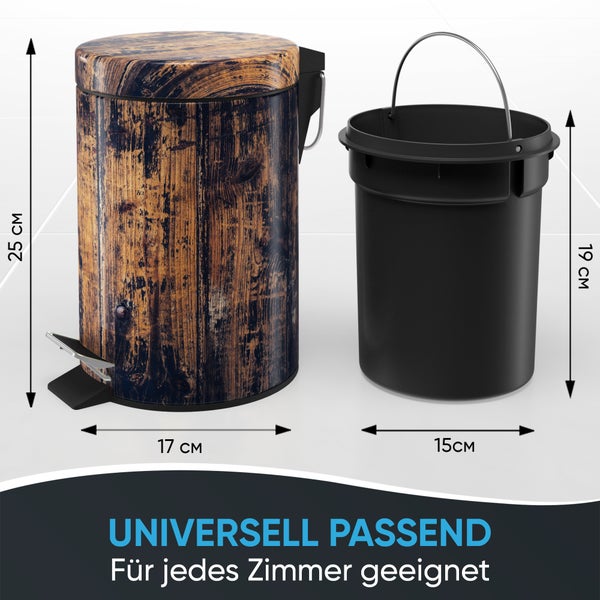 Tretmülleimer in Holzoptik, Maße 25 mal 17 Zentimeter. Inklusive Inneneimer, Maße 19 mal 15 Zentimeter. Universell passend für jedes Zimmer.