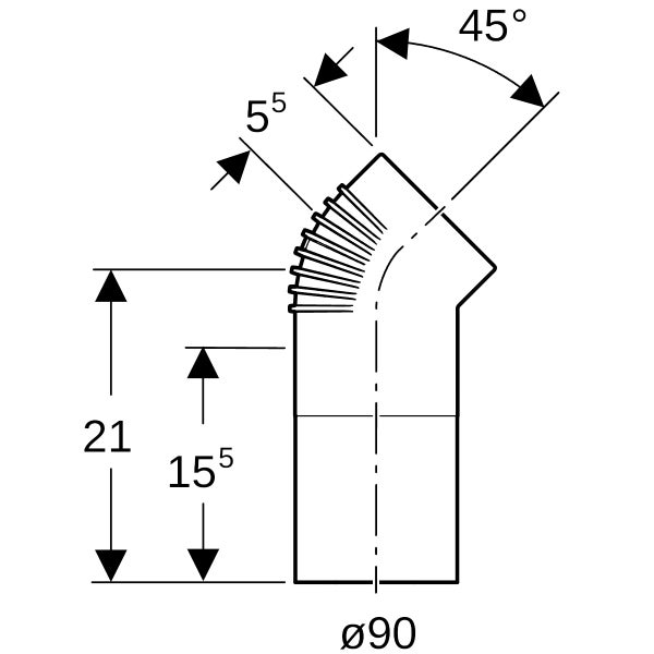 Maßzeichnung eines Regenrohrbogens mit einem Winkel von 45 Grad, einem Durchmesser von 90 Millimetern und einer Gesamthöhe von 21 Zentimetern.