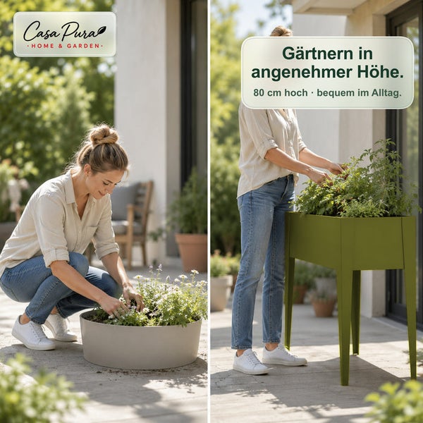 Gärtnern im Bücken im Vergleich zu rückenschonendem Arbeiten im Stehen an einem 80 cm hohen Casa Pura Hochbeet.