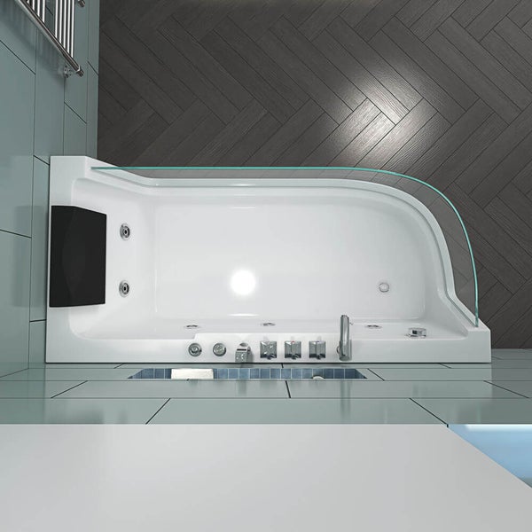 Draufsicht auf eine Whirlpool Badewanne mit Duschabtrennung aus Glas und Kopfstütze in einem modern gefliesten Badezimmer.