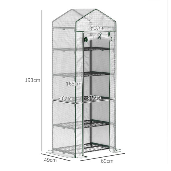 Outsunny Gewächshaus mit Rolltür, Regale, winterfest Foliengewächshaus aus Stahl, Treibhaus für Balkon, Garten, Tomatenhaus 69 x 49 x 193 cm, Tomatengewächshaus für Tomaten, Gemüse, Blumen, Weiß