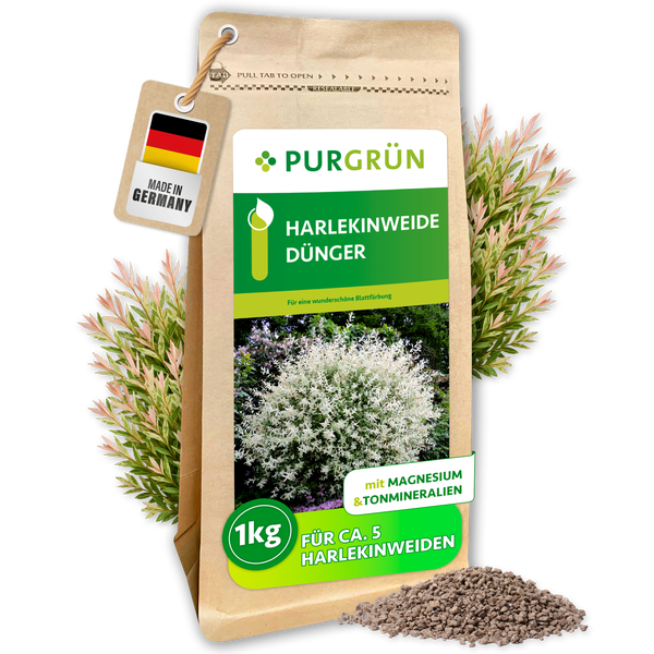 Purgrün Harlekinweide Dünger 1 Kilogramm Packung mit Magnesium und Tonmineralien für circa 5 Pflanzen. Hergestellt in Deutschland.