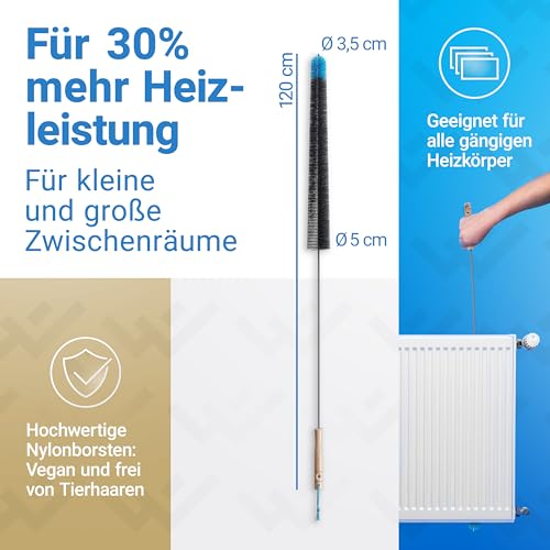 LOBENSWERK Heizkörperbürste 2.0 [120cm - Schwarz] aus tierfreien Nylonborsten - Heizungsbürste, Heizkörper Reinigungsbürste für alle Flach- Rippen- und Badheizkörper mit Anti-Kratz-Gummiummantelung